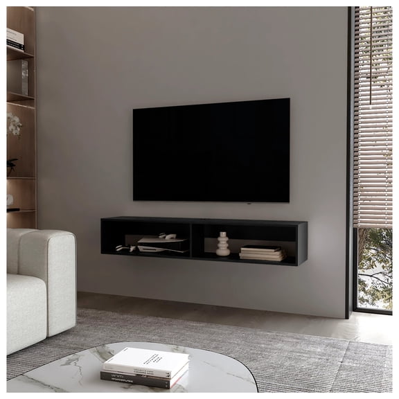 Black Floating Media Rack with 2 Shelves, Wall Mounted TV Stand, 60-69"