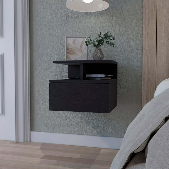Black Floating Nightstand 1 Drawer Modern Wall-Mounted Design Small Bedroom Storage
