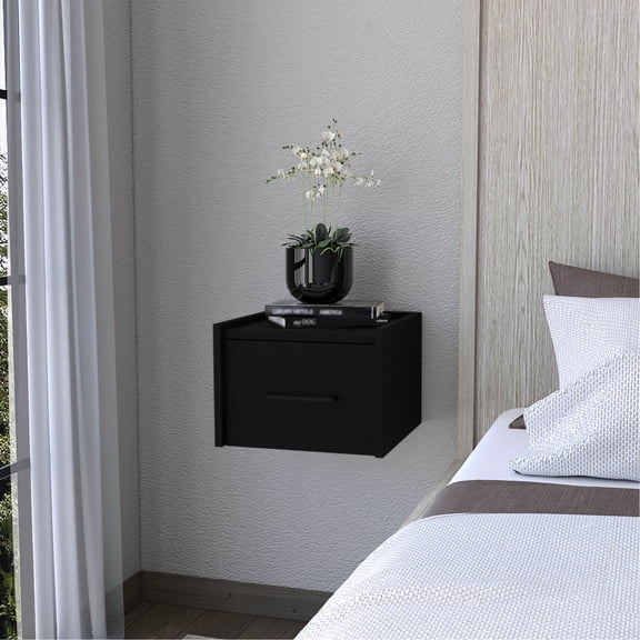 Black Floating Nightstand With Spacious Top Surface And Functional Drawer Contemporary Broad Shelf Simple Single