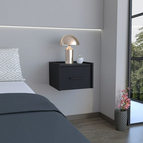 Black Floating Nightstand with Drawer | Modern Wall Mounted Bedside Table for Bedroom