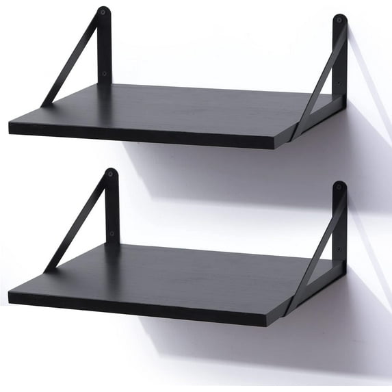 Black Floating Shelves, 12 Inch Deep Wall Mounted Shelves Set of 2, Modern Floating Wood Shelves for Wall Decor Large Storage Shelves for Bathroom Bedroom Kitchen Living Room