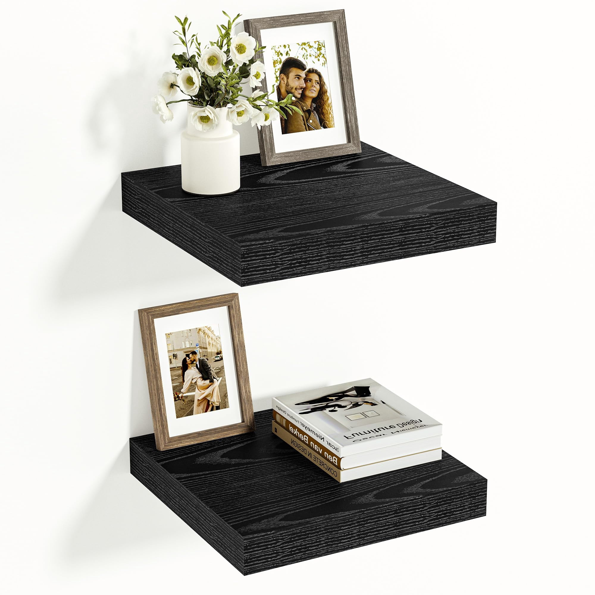 Black Floating Shelves 12 Inches Wide  12" Deep Wall For Bedroom Bathroom Living Room Kitchen Office Rustic Home Decor Shelf With Invisible Brackets X 1.5" Set Of 2
