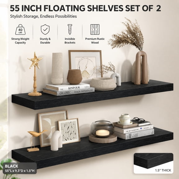 Black Floating Shelves 36 Inch Long, 9.3 Inch Deep Wall Mounted Shelves 2 Pack for Bathroom, Living Room, Kitchen, Heavy Duty Storage Display