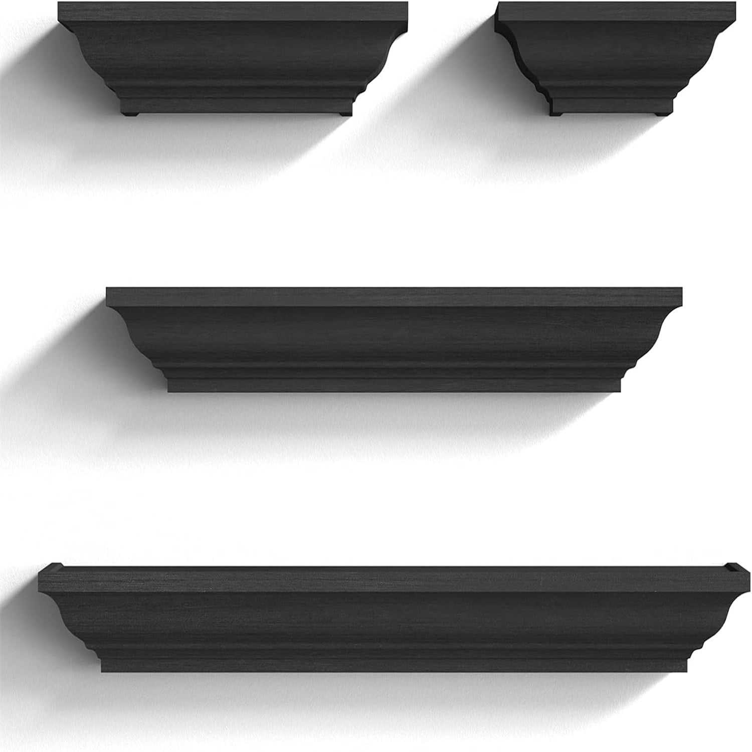 Black Floating Shelves, Solid Wood Storage Wall Shelves Set of 4 Display Ledge Shelves Decor for Bedroom, Living Room, Bathroom, Kitchen - Black