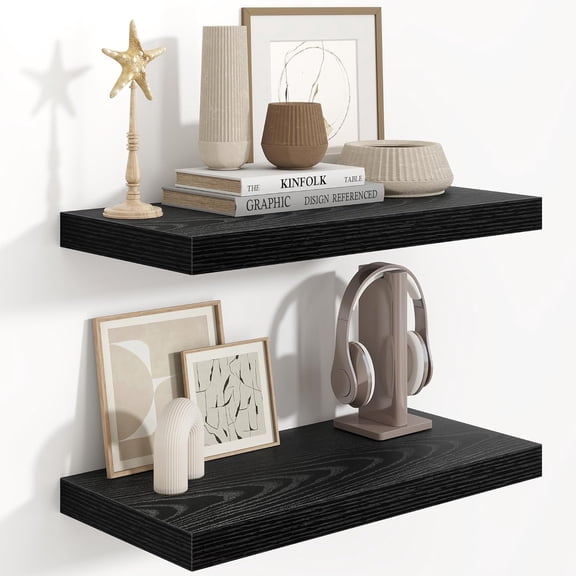 Black Floating Shelves for Wall, 24 x 9.3 x 1.5 Large Floating Shelf Set of 2, 9.3 Deep Wall Shelf for Kitchen, Living Room, Rustic Black Shelves for Home Decor & Storage