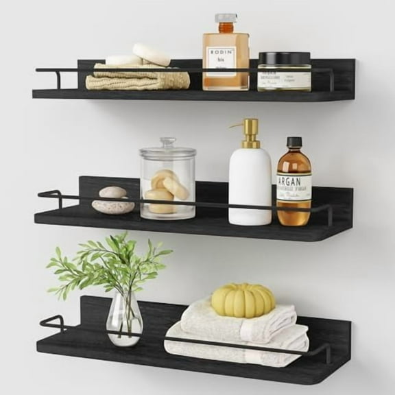 Black Floating Shelves for Wall, Bahtroom Wall Shelves Over Toilet, Rustic Hanging Shelf with Lip Rail for Bedroom Kitchen Office Living Room Picture Photo Decor, 17 Inch Long-Set of 3