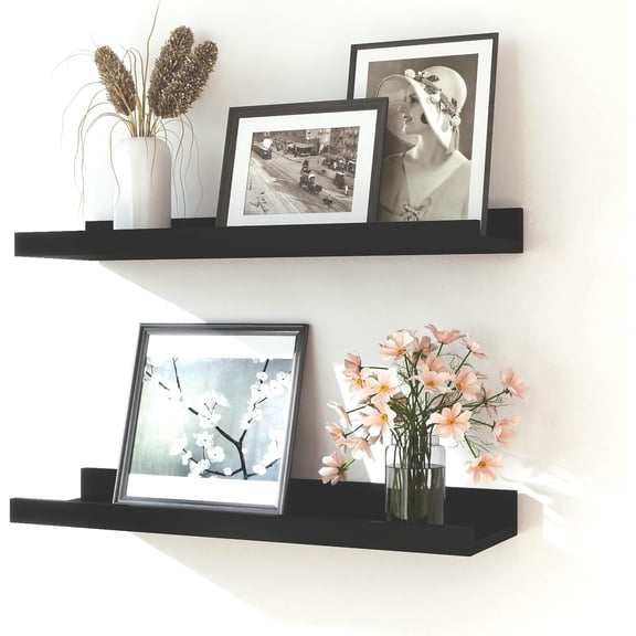 Black Floating Shelves for Wall Decor, Wall Mounted Wood Storage Shelf for Bedroom, Living Room, Bathroom, Kitchen, Nursery, Display Picture Ledge Shelf with Lip Set of 2-16 Inches, Black
