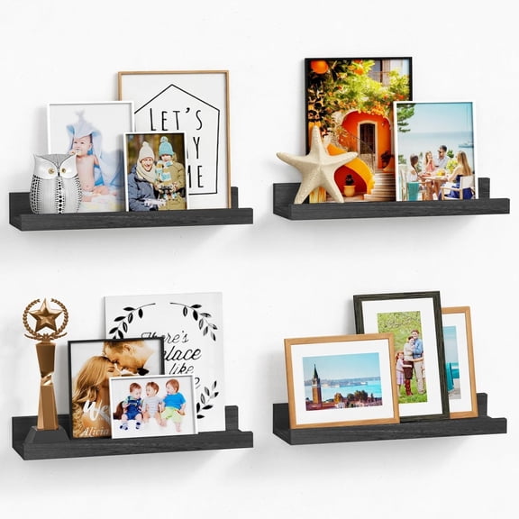 Black Floating Shelves for Wall with Lip Set of 4, Small Picture Ledge Shelf for Living Room Bedroom Books, Wood Wall Mounted Shelves for Bathroom Decor Entryway Kitchen Storage