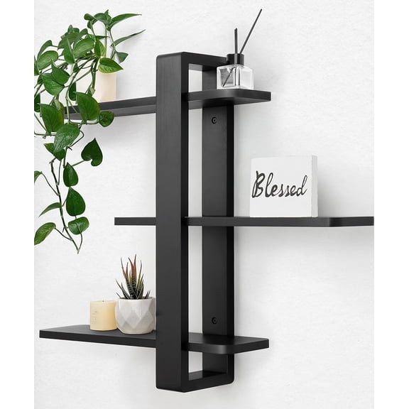 Black Floating Shelves for Wall Mounted Shelving Unit All Pine Wood 3 Tier Large Shelf for Bedroom Living Room Office Bathroom Home Decoration Storage Plant Photo Display Modern 20in