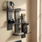 3 Tier Floating Shelves for Wall, 30.7"x31.5"x4.7" Wooden Wall Shelves, Wall Mounted Plants Photo Shelf Storage Display Shelf for Living Room Bathroom Bedroom Kitchen Home Office Decor, Black