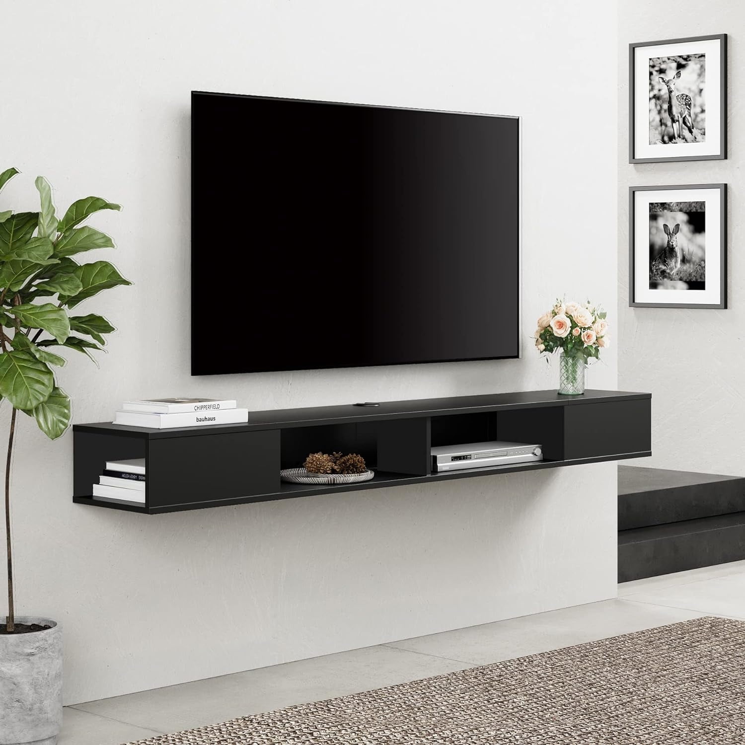 Black Floating TV 70 inch Entertainment Center Wall Mounted Media