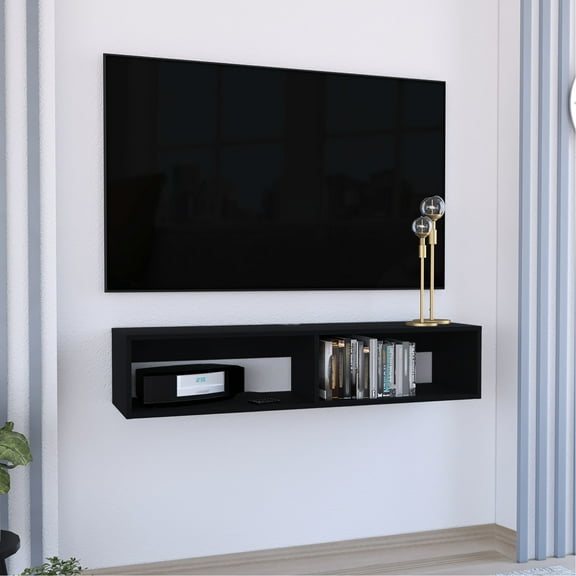 Black Floating Tv Console. Space Idea. Generous Shelf Area. For 40 - 49 Inch Tvs. Manufactured Wood Piece Stand, Black. Open Arrangement. Fits Structure