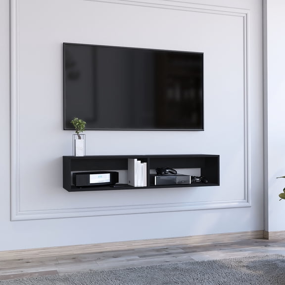 Black Floating Tv Stand With Open Storage Area, Cable Management, Fits 50 - 59 Inch Tvs, Modern Style In Black, Engineered Wood, & Organization, For Tvs