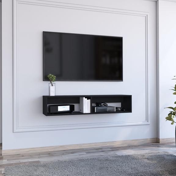 Black Floating Tv Unit With Open Storage And Cable Management Facility For 50 - 59 Inch Tvs Stand Hidden Hole Living Room