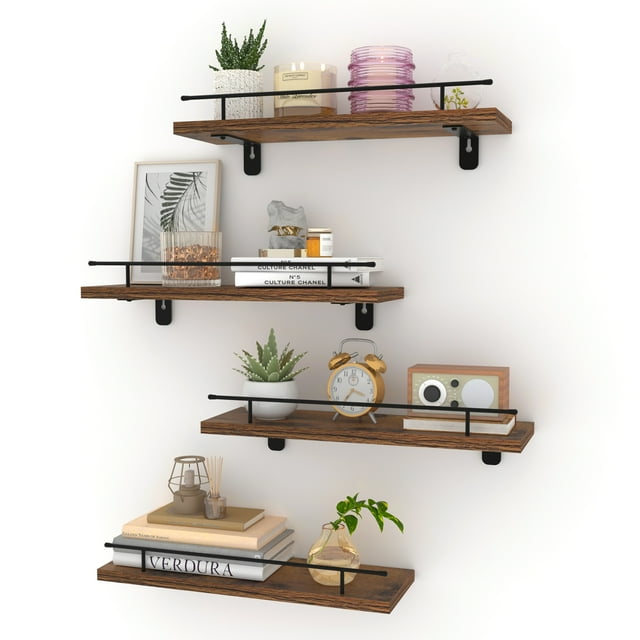 Black Floating Wall Shelves with Metal Set of 4, Rustic Floating