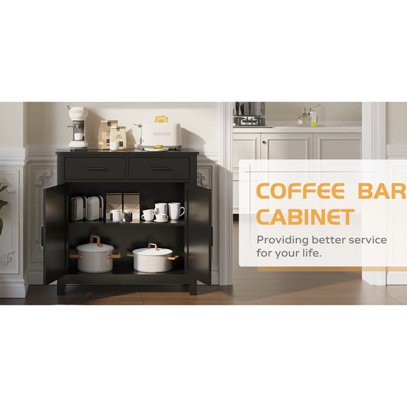 Black Floor Buffet Cabinet With 2 Drawers And Doors, For Dining Room & Bathroom Versatile Kitchen Black, Living