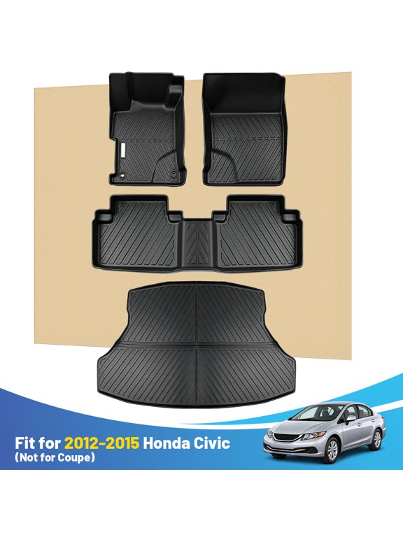 Car Floor Mats and Cargo Liner for 2012-2015 Honda Civic Sedan, Custom Fit TPE Heavy Duty All Weather Mats for Front, Rear and Trunk