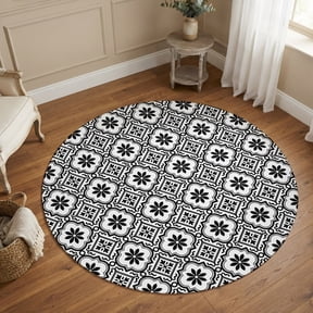 Black Floral 3FT Round Area Rug Classic Black Petal Flower Pattern Vintage Grids Small Round Rugs Non-Slip, Ultra-Thin Washable Rug Low Pile Circle Carpet for Bedroom Kitchen Nursery