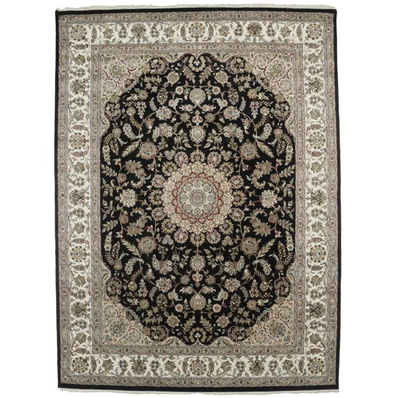 Black Floral 9X12 Indo-Nain Oriental Rug