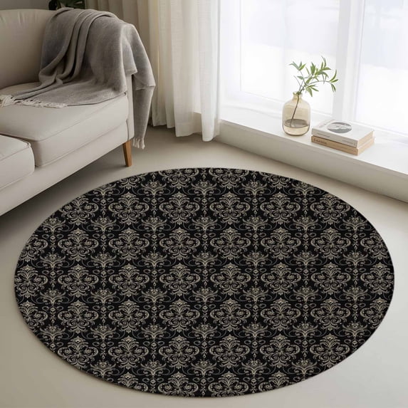 Black Floral Abstract Round Area Rug 4Ft Washable Circle Rugs for Bedroom Dining Room, Vintage Ethnic Bohemian Flowers Non-Slip Carpet Floor Mats Indoor Outdoor Carpet Runner Aesthetic Home Decor