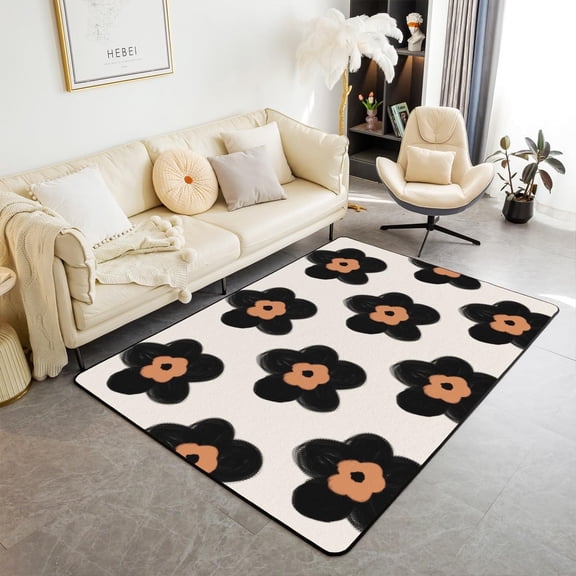 Black Floral Area Rug , 3D Sunflower Beige White And Black Non Slip Rug For Women Men,Black Brown Plaid Flowers Indoor Floor Mat For Dining Room Backyard Decor 4x6ft