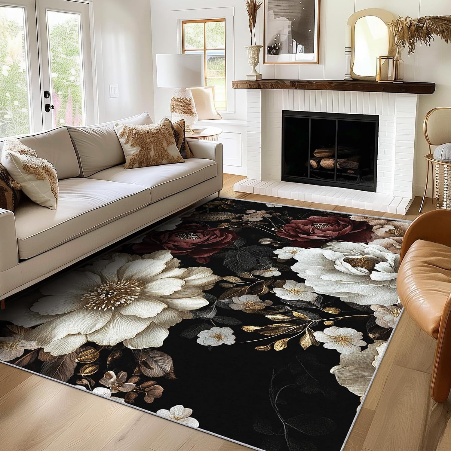 Black Floral Area Rugs, Black Peony Flower Carpet, Vintage Washable Non ...
