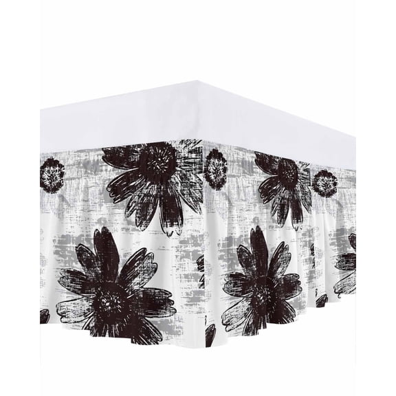 Black Floral Bed Skirt Vintage Flowers Bed Skirts King Size 16 Inch Drop, Wrap Around Dust Ruffle Bedskirt with Adjustable Elastic Belt for Queen Size Beds