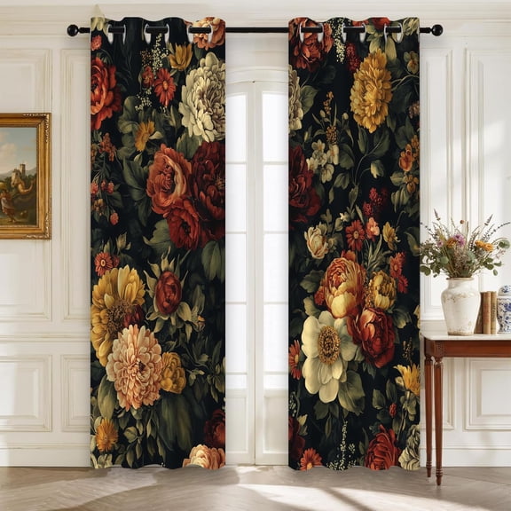 Black Floral Blackout Curtains, Boho Vintage Dark Flower Bloosom Rose Plants Decor for Home Bedroom, Living Room, Grommet Window Drapes 2 Panel Set, 96 inches Long