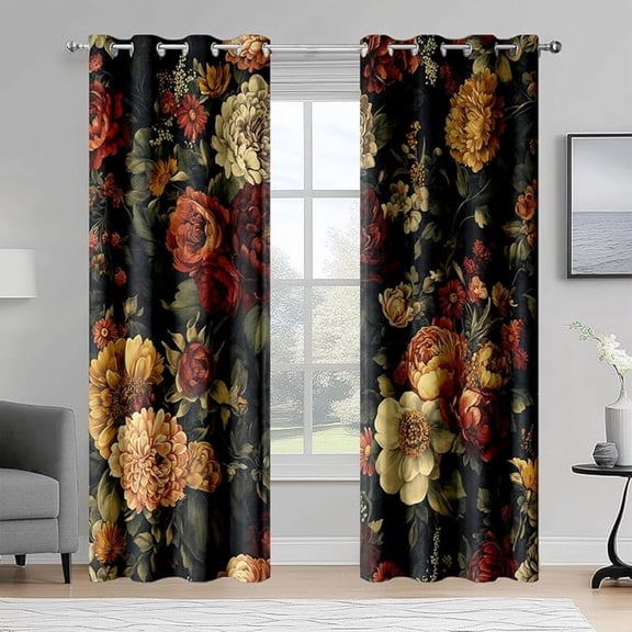Black Floral Blackout Curtains, Boho Vintage Dark Flower Bloosom Rose Plants Decor For Home Bedroom, Living Room, Grommet Window Drapes 53"W x 84"L (Pack of 2)