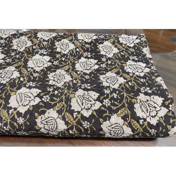 Black Floral Block Print Kantha Quilt, Hand-Stitched Cotton Bedspread, Artisan Made Indian Boho Bedding for Cozy Homes