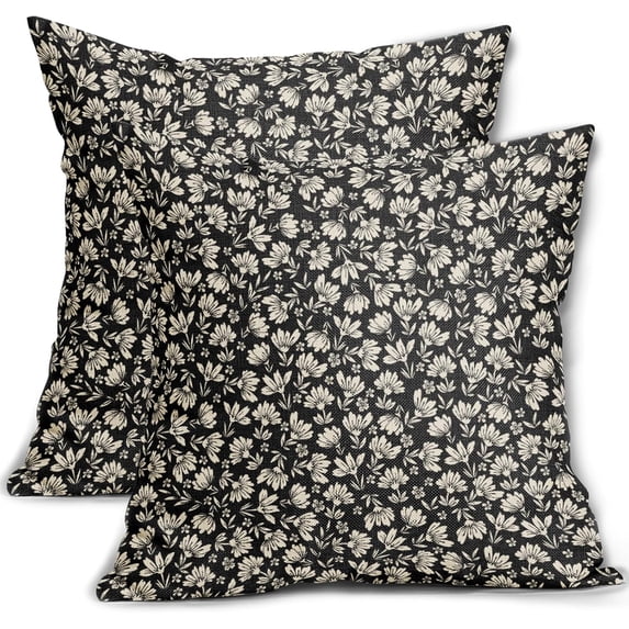 Black Floral Block Print Pillow Covers 18x18 Inch Set of 2, Vintage Cottage Style black Cream Decorative Throw Pillow Cases Outdoor Cushion Covers Rustic Farmhouse Decoration Sofa Couch Bed Decor