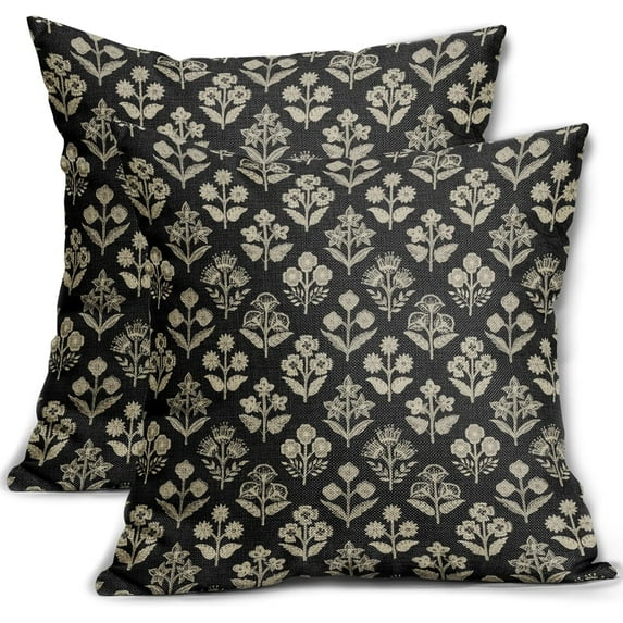 Black Floral Block Print Pillow Covers 20x20 Inch Set of 2, Vintage Flower Pattern Decorative Throw Pillowcases Outdoor Farmhouse Cushion Covers Spring Summer Rustic Sofa Couch Bed Decor