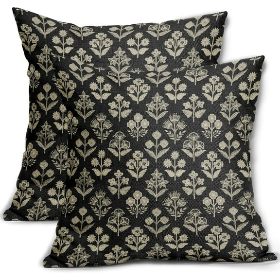 Black Floral Block Print Pillow Covers 20x20 Inch Set of 2, Vintage Flower Pattern Decorative Throw Pillowcases Outdoor Farmhouse Cushion Covers Spring Summer Rustic Sofa Couch Bed Decor