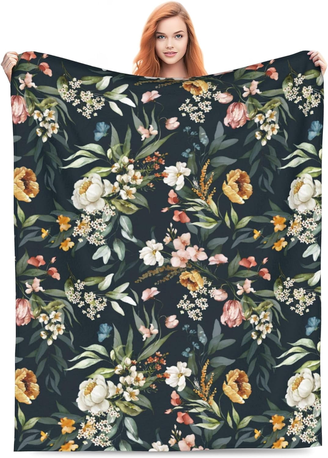 Black Floral Boho Blanket Gifts for Women Girls Cute Retro Vintage Abstract Watercolor Blush Flower Throw Blankets for Bed Living Room Bedding Couch Soft Lightweight Warm Cozy Decor 50x60in