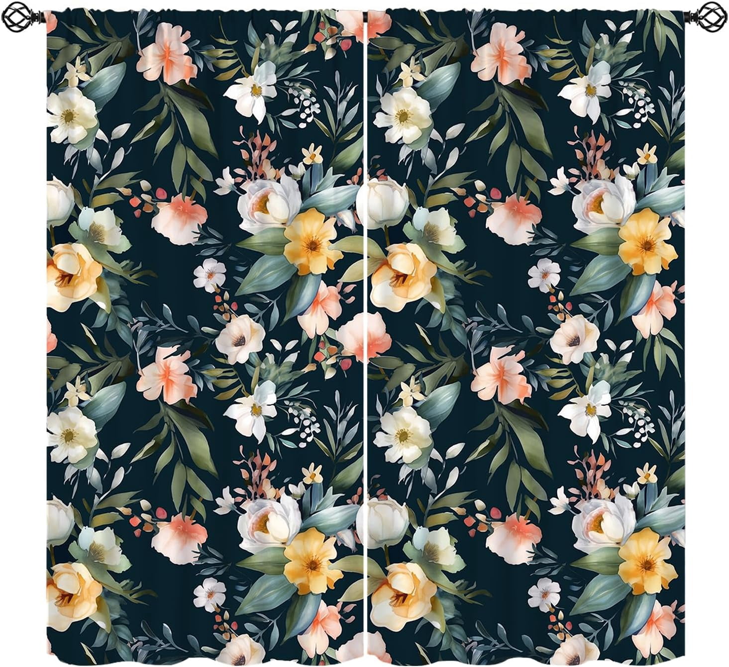 Black Floral Boho Curtains, Vintage Retro Wildflower Window Treatments ...