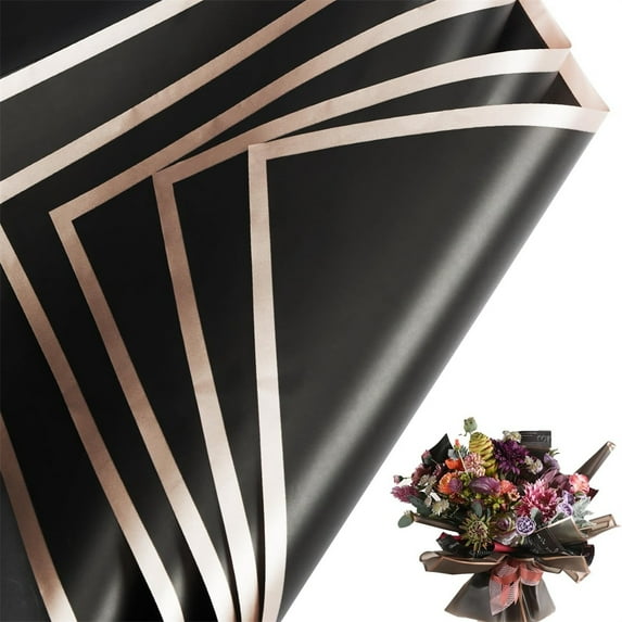Black Floral Bouquet Wrapping Paper Waterproof Flower Packaging Paper Matte Paper with Gold Edges for Valentine's Day Birthday Graduation Wedding Gift Crafting Florist Supplies 10 Sheets