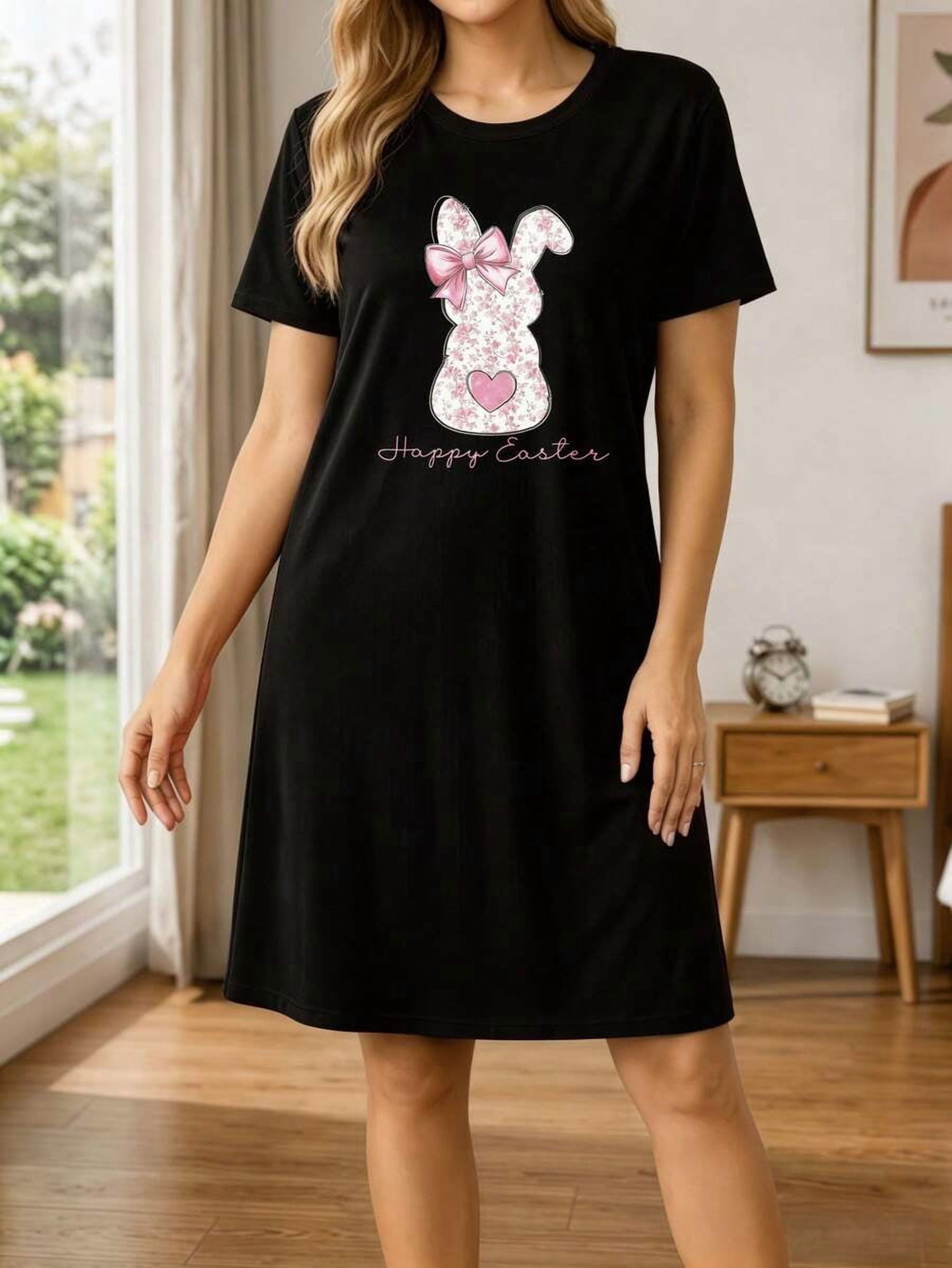 Black Floral Bunny Print Oversized Sleep Dress For Women - Walmart.com