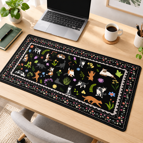Black Floral Cat XXL Desk Mat Mouse Pad For Office And Gaming