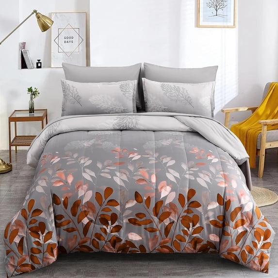Black Floral Comforter Set Size 7 Piece Black and Red Leaves Botanical Comforter Bad in a Bag Set Soft Down Alternative Lightweight Reversible Complete Bedding Set for All Season 90''x90''