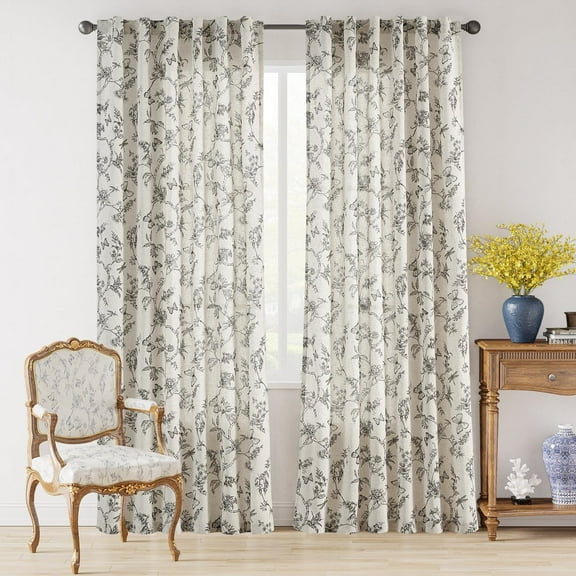 Black Floral Curtains 84 Inch Length Linen Farmhouse Curtain Back Tab Drapes for Living Room Bedroom Light Filtering Vintage Rod Pocket Curtains, 2 Panels, Black on Beige