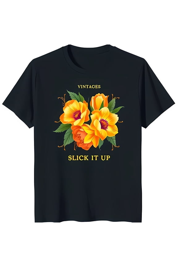 Black Floral Design T-Shirt with Yellow Flowers & Gold 'SLICK IT UP' Text