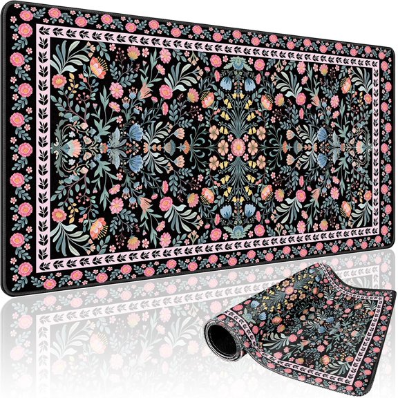 Black Floral Desk Mat, 31.5"x15.7" Large Mouse Pad, Anti-Slip Rubber Base Mousepad, Keyboard Pad with Stitched Edges, Water-Resistant Smooth Desk Blotter, Computer Mat for Home Office Desk