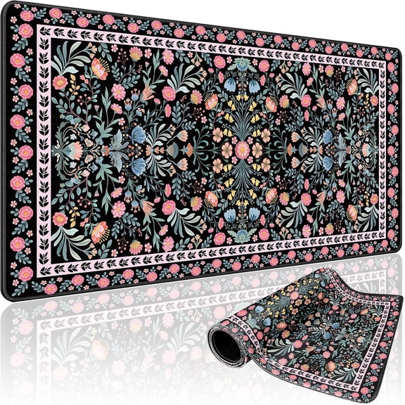 Black Floral Desk Mat, 31.5"x15.7" Large Mouse Pad, Anti-Slip Rubber Base Mousepad, Keyboard Pad with Stitched Edges, Water-Resistant Smooth Desk Blotter, Computer Mat for Home Office Desk