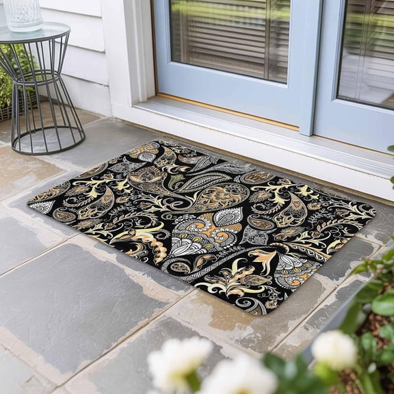 Black Floral Door Mat,Non-Slip Welcome Mat Absorbent Front Door with Rubber,Boho Botanical Vintage Paisley Flower Doormat Outdoor Indoor Entrance,Floor Rug Decor for Entryway Patio Kitchen,16x24 in