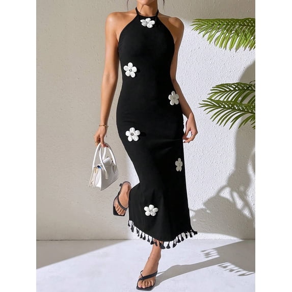 Black Floral Embellished Halter Neck Fitted Sleeveless Midi Dress With Tassel Hem