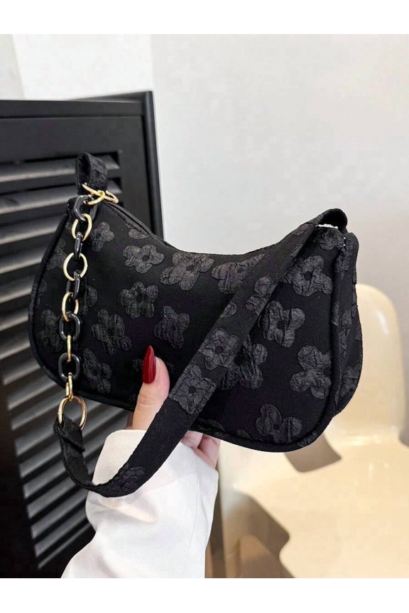 Black Floral Embossed Saddle Shoulder Bag With Chain And Webbing Strap
