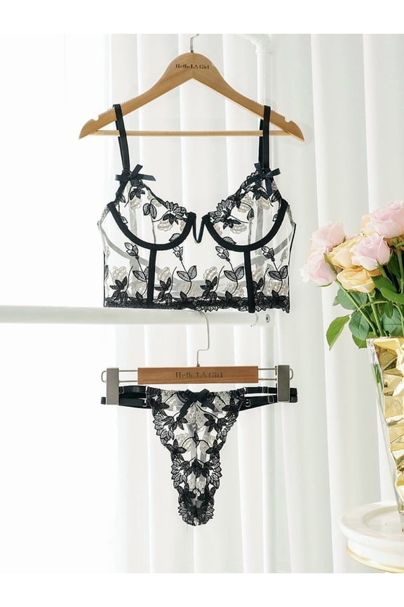 Black Floral Embroidery Bustier Straps Lingerie Set (BLACK, XL)