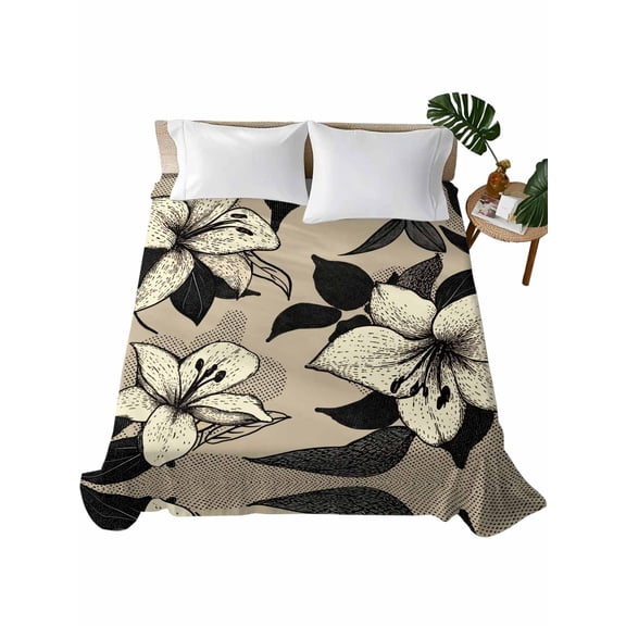 Black Floral Flat Sheet Only Twin Size, Soft Breathable Bed Top Sheets for Mattress, Vintage Khaki Floral Retrp Plant Leaf Luxury Bedding Flat Sheets for Home Hotel Bedroom Bed Protection