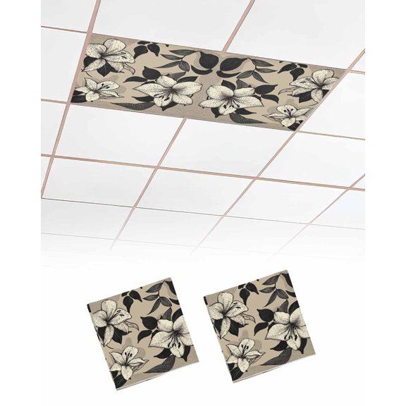 Black Floral Fluorescent Light Covers for Ceiling Lights 4x2 feet,2 Pack Magnetic Light Filters for Classroom,Vintage Khaki Floral Retrp Plant Leaf Fluorescent Light Shade Panel for Office School