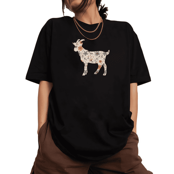 Black Floral Goat Print Tshirt Graphic Tees Nature Animal Shirts S-5XL Tops